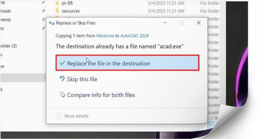 Autodesk Autocad 2024 Chọn Replace The File In The Destinati